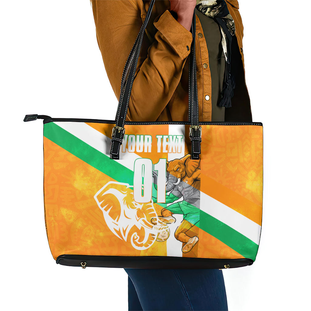 Personalized Ivory Coast Football Leather Tote Bag Elephant Mascot Flag - Comic Style Graphic