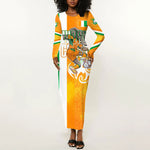 Personalized Ivory Coast Football Long Sleeve Bodycon Dress Elephant Mascot Flag - Comic Style Graphic