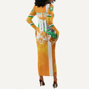 Personalized Ivory Coast Football Long Sleeve Bodycon Dress Elephant Mascot Flag - Comic Style Graphic