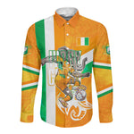 Personalized Ivory Coast Football Long Sleeve Button Shirt Elephant Mascot Flag - Comic Style Graphic