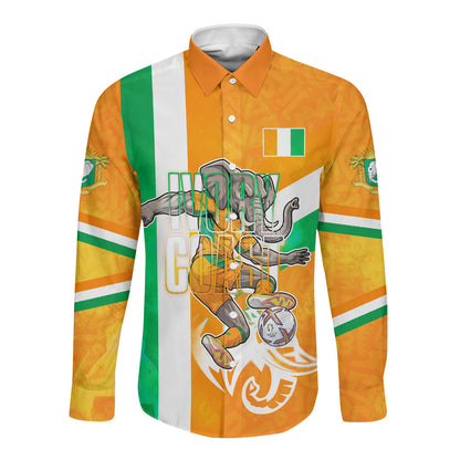 Personalized Ivory Coast Football Long Sleeve Button Shirt Elephant Mascot Flag - Comic Style Graphic