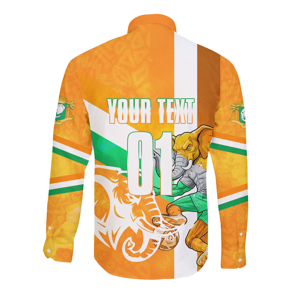 Personalized Ivory Coast Football Long Sleeve Button Shirt Elephant Mascot Flag - Comic Style Graphic