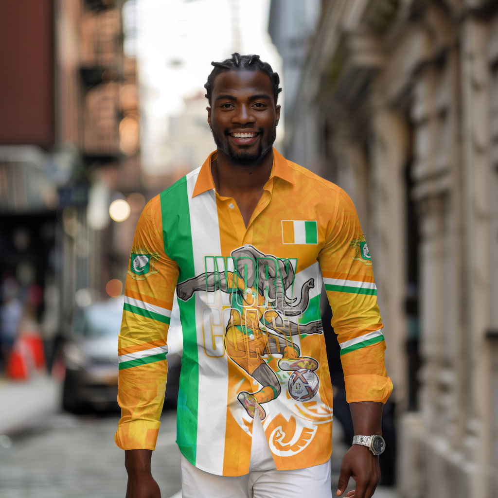 Personalized Ivory Coast Football Long Sleeve Button Shirt Elephant Mascot Flag - Comic Style Graphic