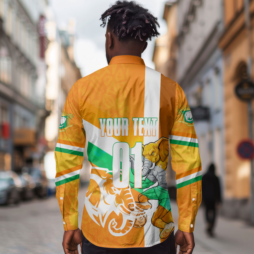 Personalized Ivory Coast Football Long Sleeve Button Shirt Elephant Mascot Flag - Comic Style Graphic