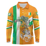 Personalized Ivory Coast Football Long Sleeve Polo Shirt Elephant Mascot Flag - Comic Style Graphic