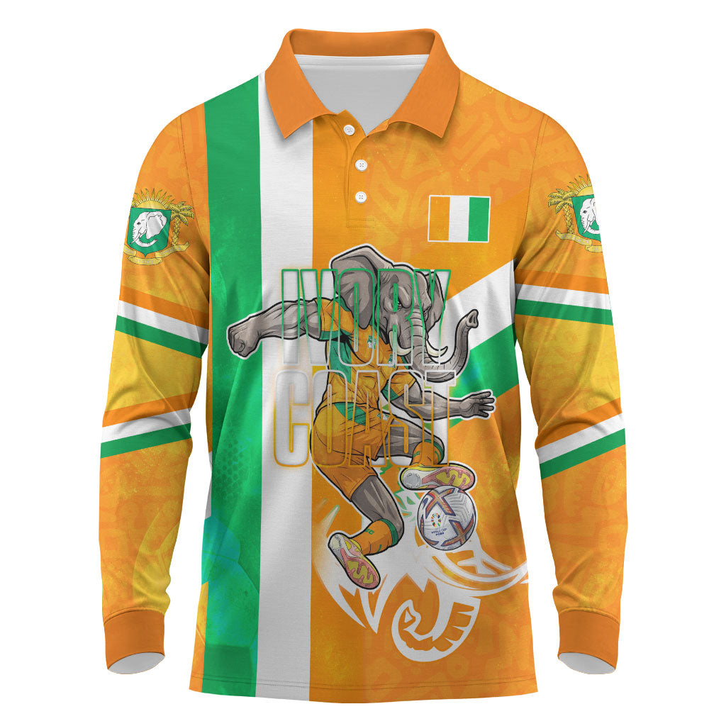 Personalized Ivory Coast Football Long Sleeve Polo Shirt Elephant Mascot Flag - Comic Style Graphic