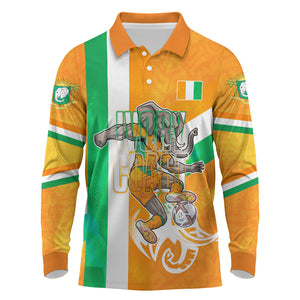 Personalized Ivory Coast Football Long Sleeve Polo Shirt Elephant Mascot Flag - Comic Style Graphic
