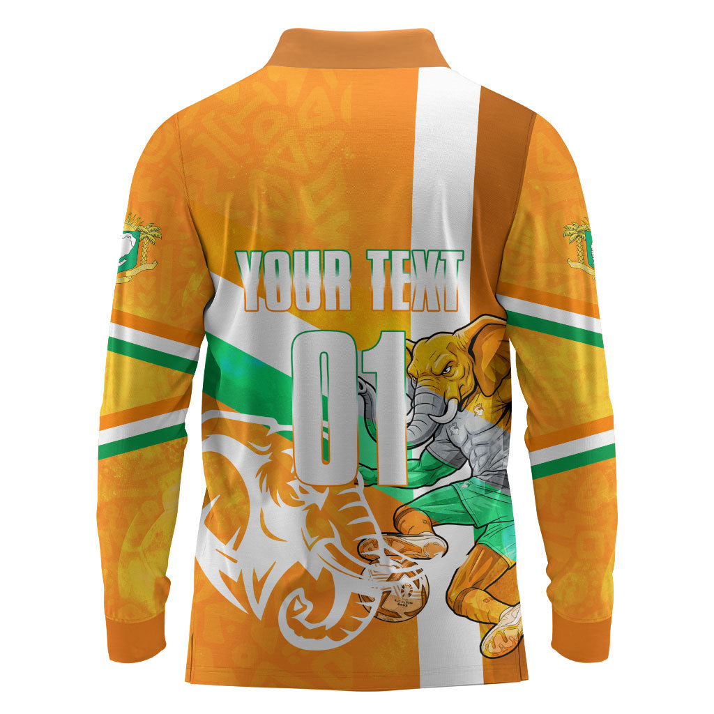 Personalized Ivory Coast Football Long Sleeve Polo Shirt Elephant Mascot Flag - Comic Style Graphic