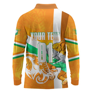 Personalized Ivory Coast Football Long Sleeve Polo Shirt Elephant Mascot Flag - Comic Style Graphic