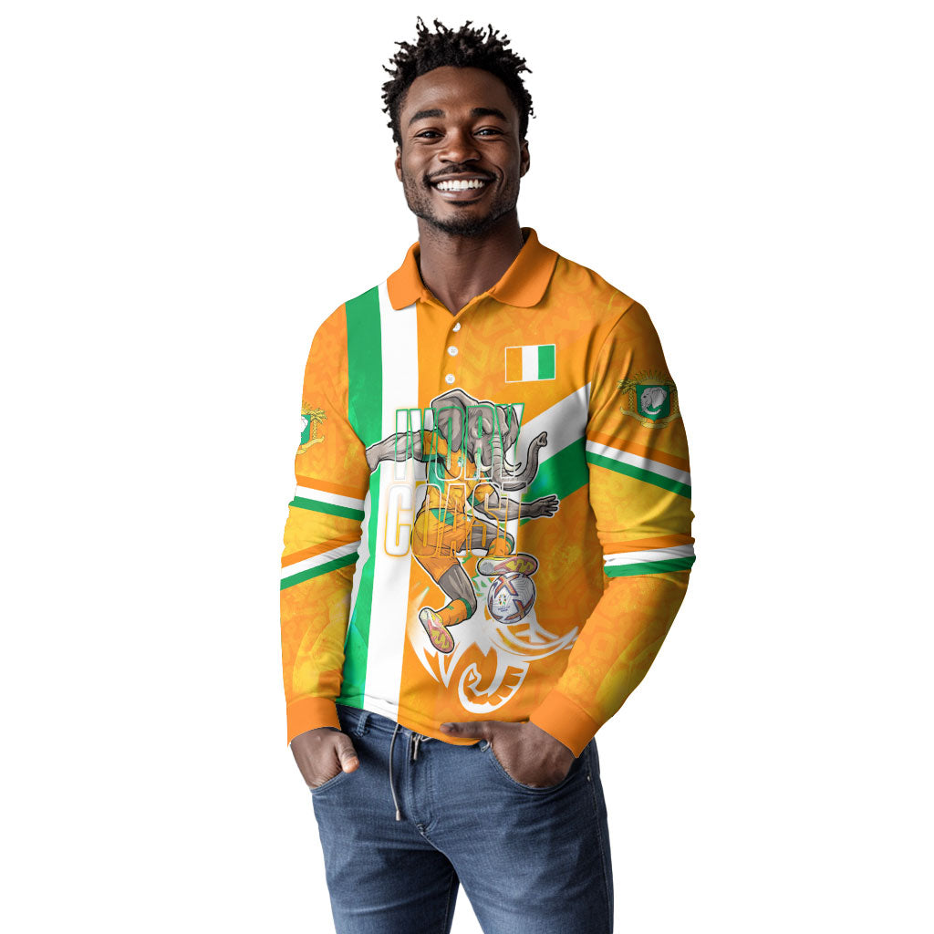 Personalized Ivory Coast Football Long Sleeve Polo Shirt Elephant Mascot Flag - Comic Style Graphic