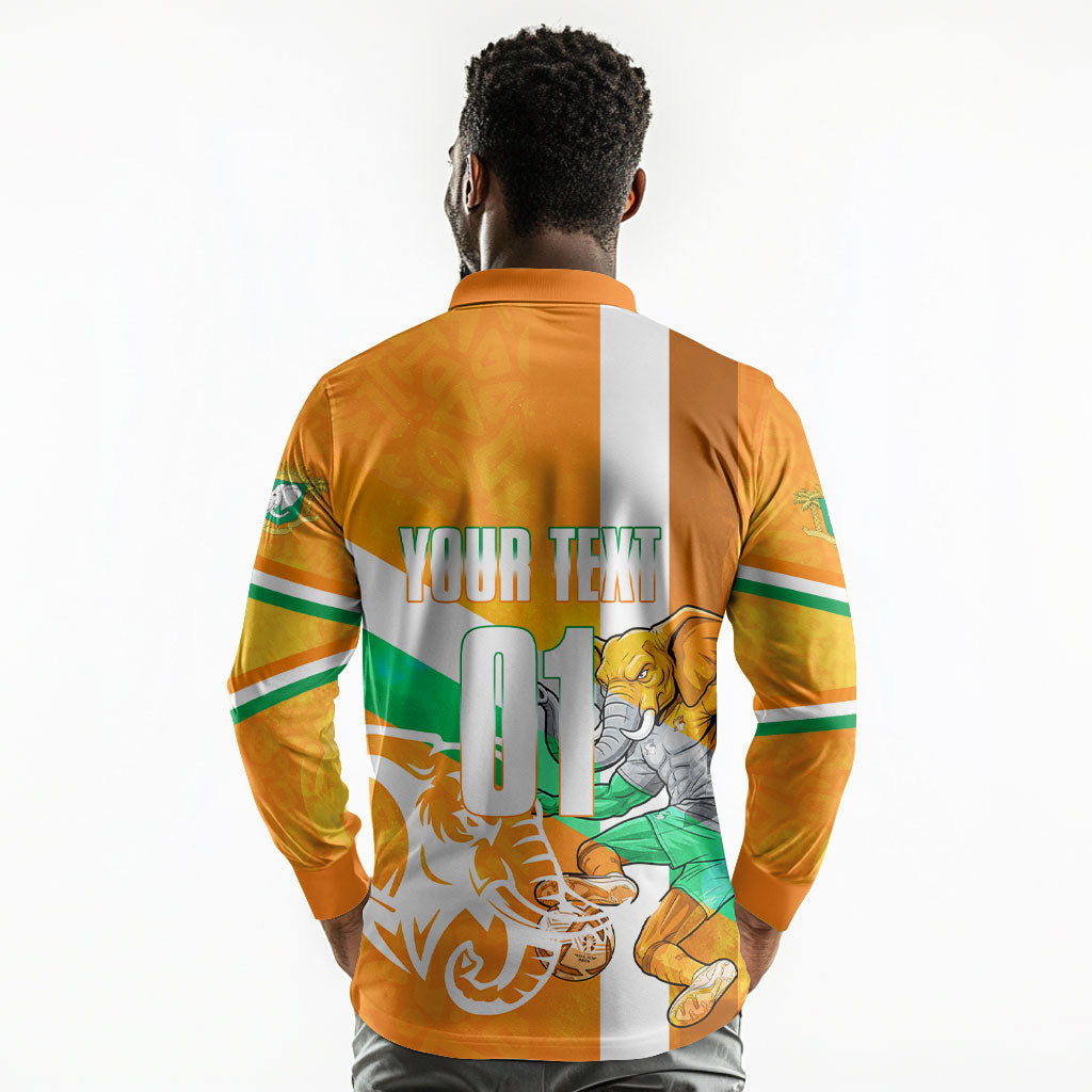 Personalized Ivory Coast Football Long Sleeve Polo Shirt Elephant Mascot Flag - Comic Style Graphic