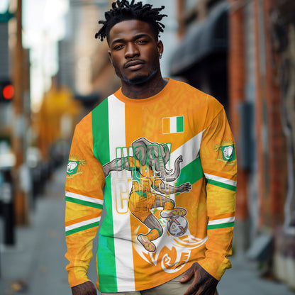 Personalized Ivory Coast Football Long Sleeve Shirt Elephant Mascot Flag - Comic Style Graphic