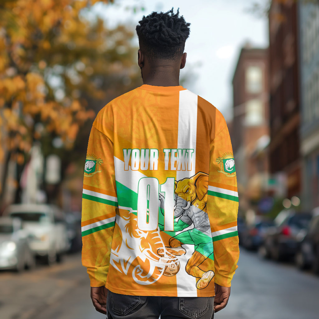 Personalized Ivory Coast Football Long Sleeve Shirt Elephant Mascot Flag - Comic Style Graphic