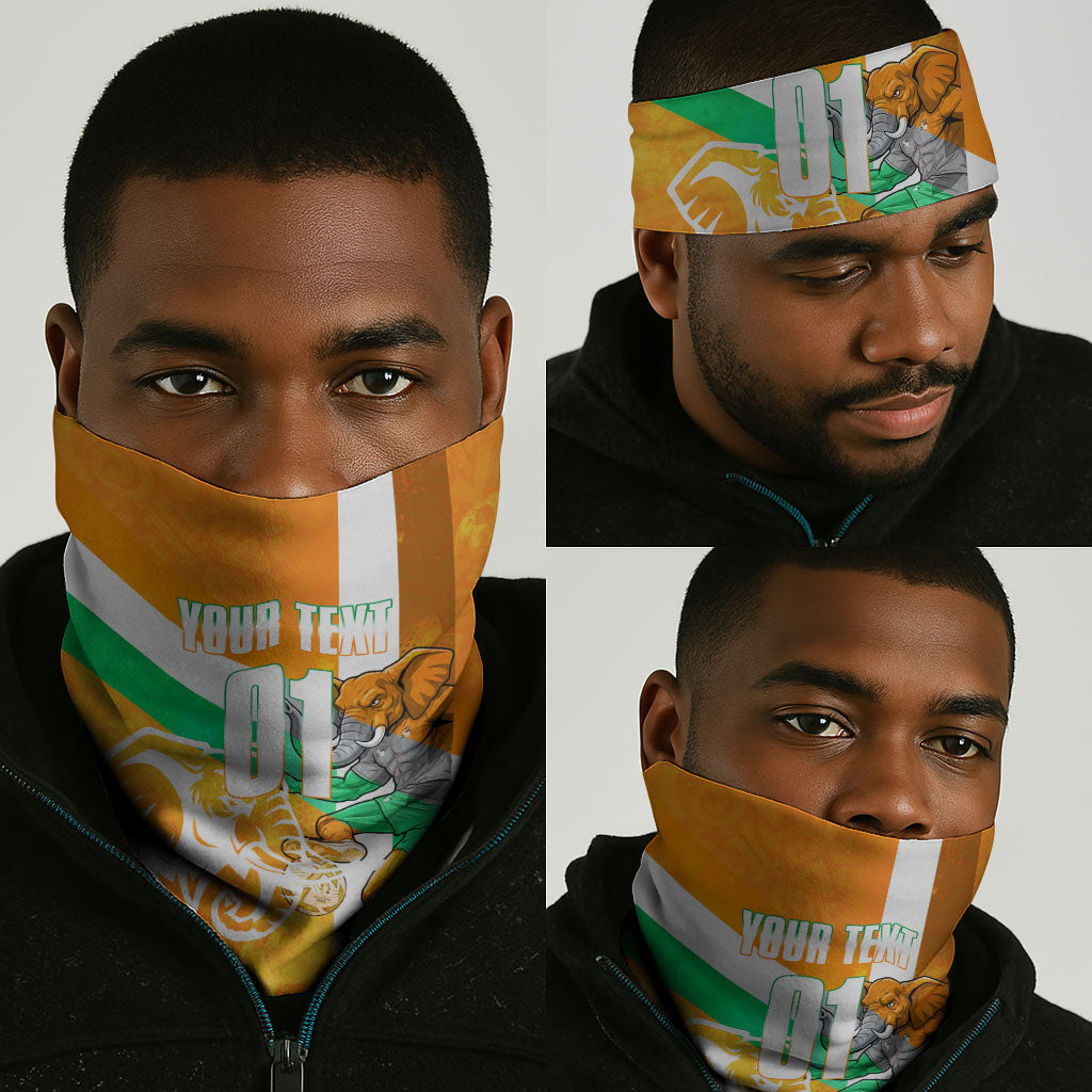 Personalized Ivory Coast Football Neck Gaiter Elephant Mascot Flag - Comic Style Graphic