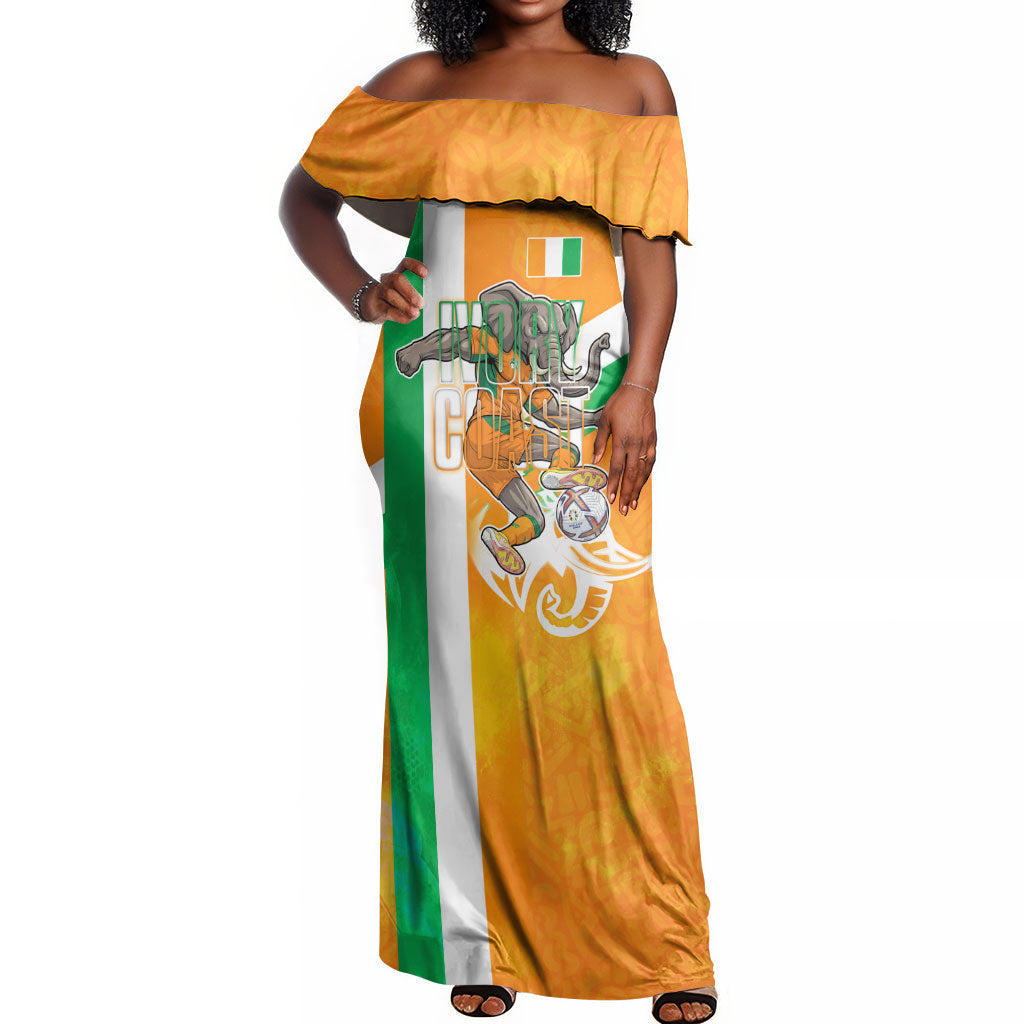 Personalized Ivory Coast Football Off Shoulder Maxi Dress Elephant Mascot Flag - Comic Style Graphic