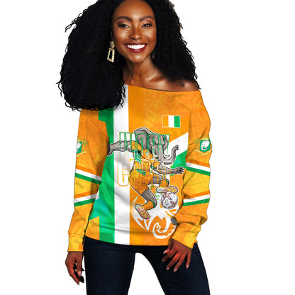Personalized Ivory Coast Football Off Shoulder Sweater Elephant Mascot Flag - Comic Style Graphic