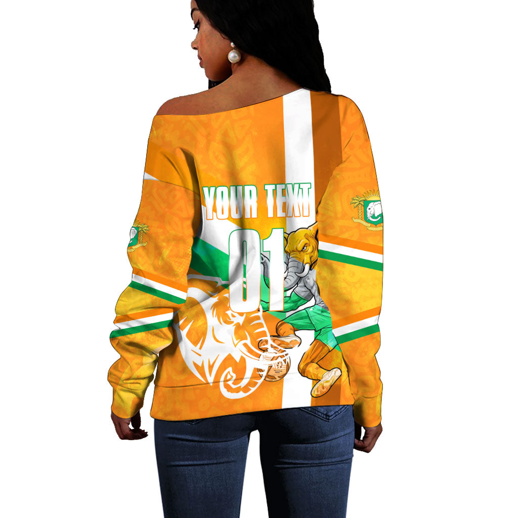 Personalized Ivory Coast Football Off Shoulder Sweater Elephant Mascot Flag - Comic Style Graphic
