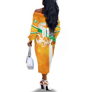 Personalized Ivory Coast Football Off The Shoulder Long Sleeve Dress Elephant Mascot Flag - Comic Style Graphic