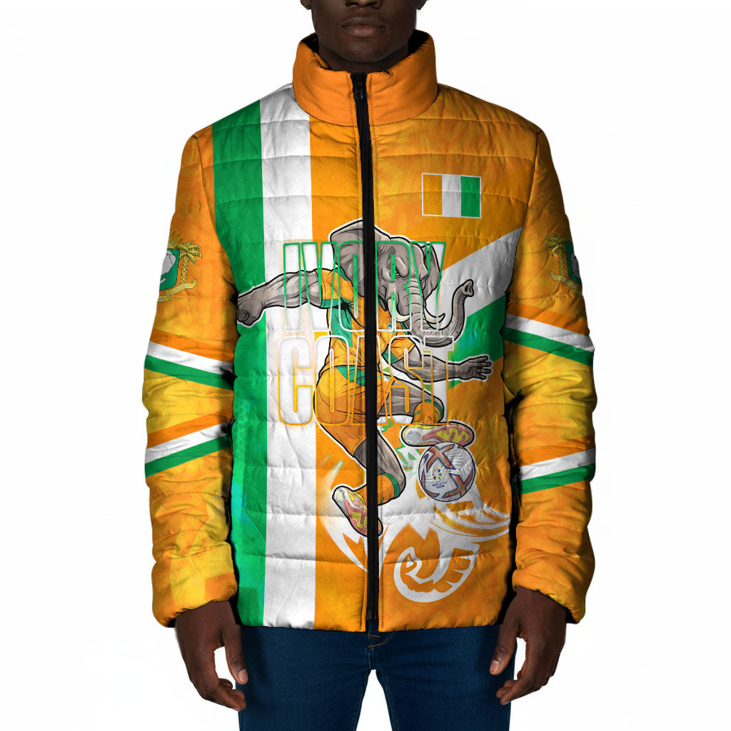 Personalized Ivory Coast Football Padded Jacket Elephant Mascot Flag - Comic Style Graphic