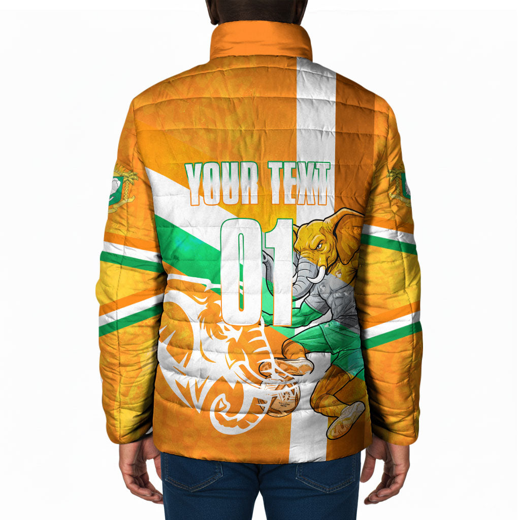 Personalized Ivory Coast Football Padded Jacket Elephant Mascot Flag - Comic Style Graphic