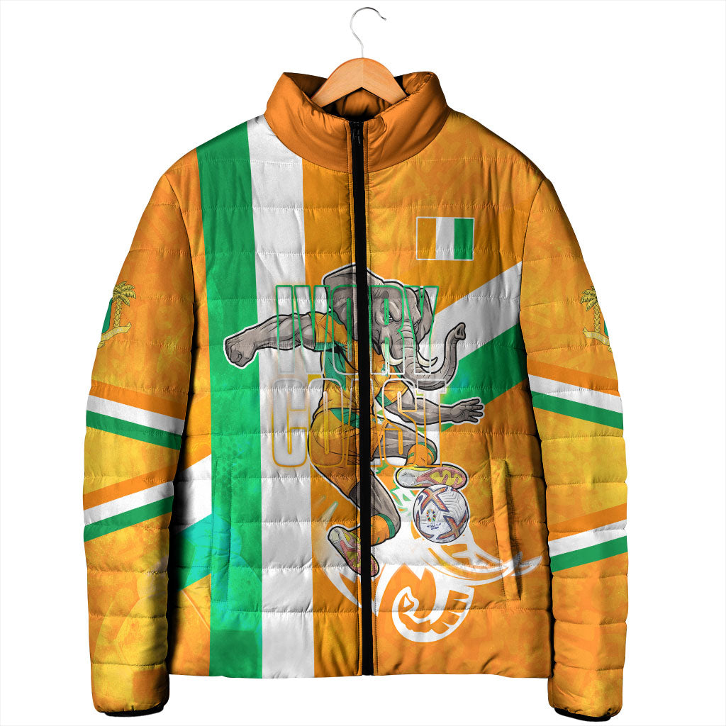 Personalized Ivory Coast Football Padded Jacket Elephant Mascot Flag - Comic Style Graphic