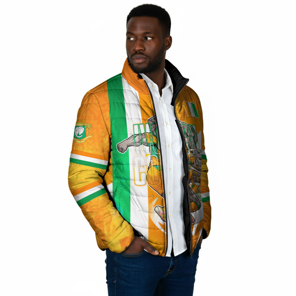 Personalized Ivory Coast Football Padded Jacket Elephant Mascot Flag - Comic Style Graphic