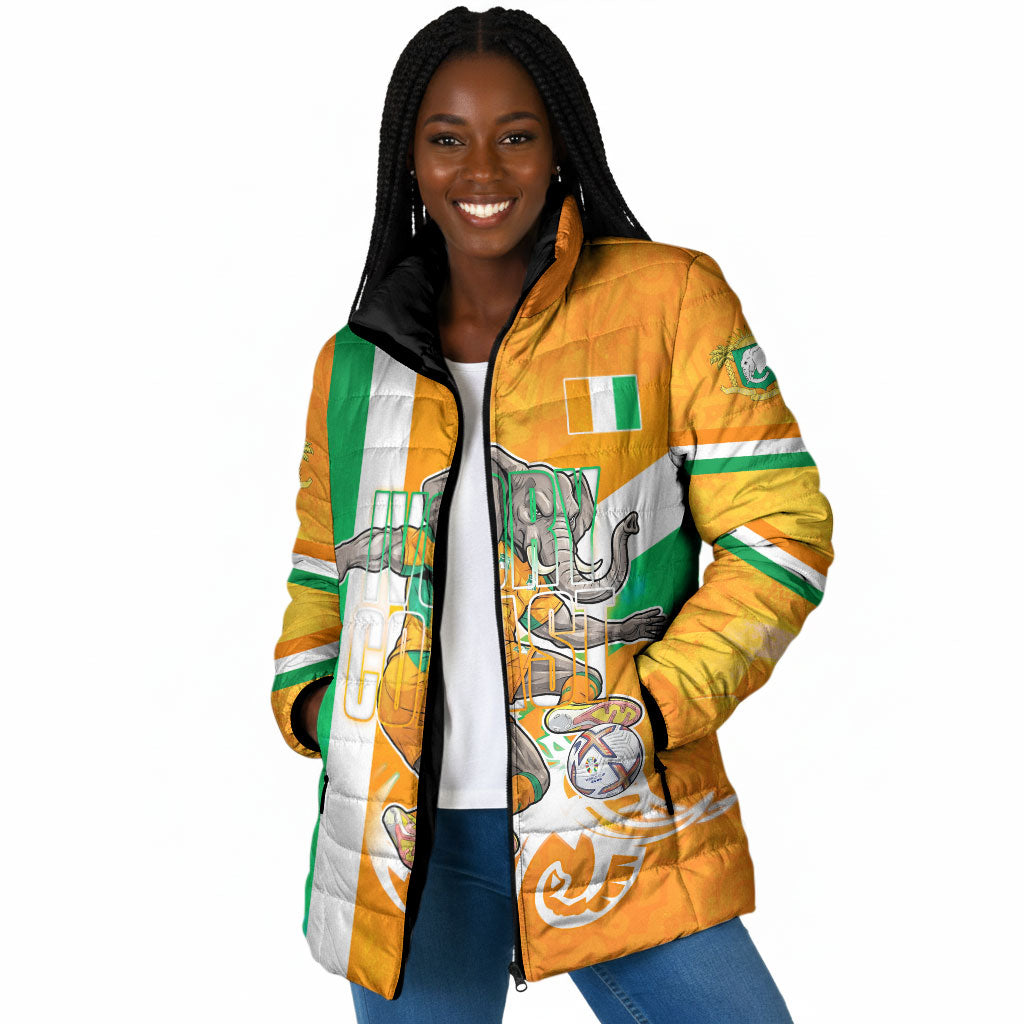 Personalized Ivory Coast Football Padded Jacket Elephant Mascot Flag - Comic Style Graphic