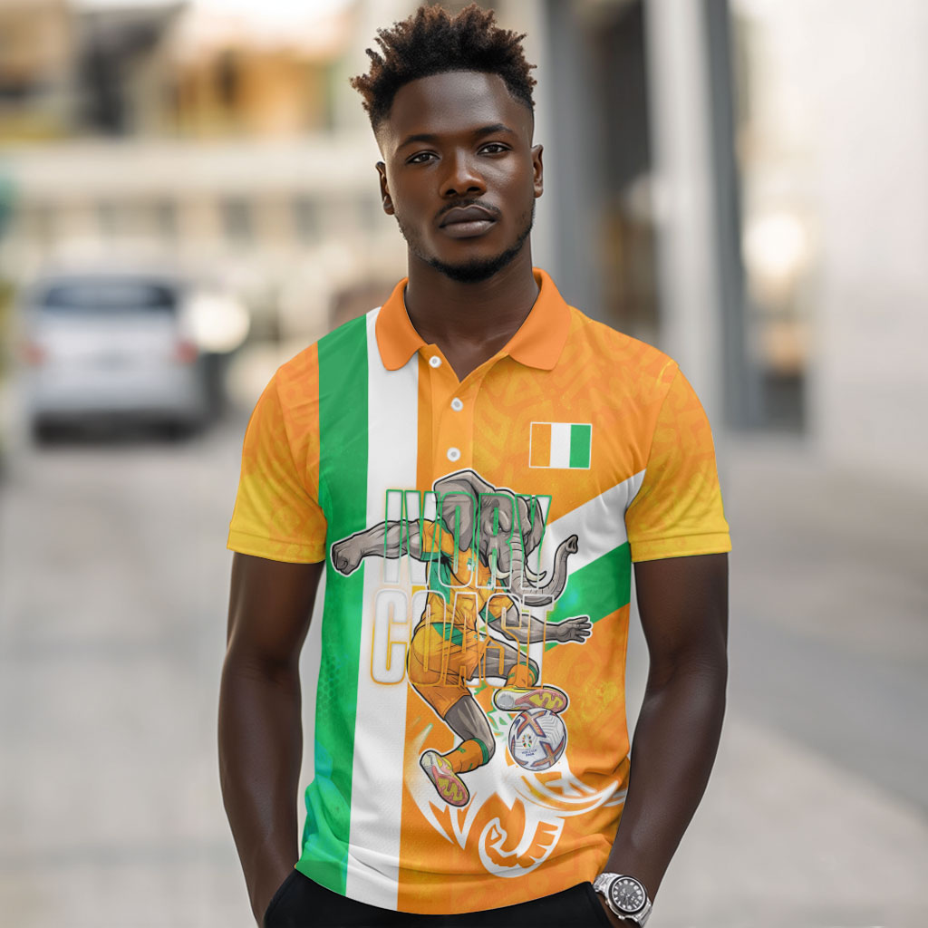 Personalized Ivory Coast Football Polo Shirt Elephant Mascot Flag - Comic Style Graphic
