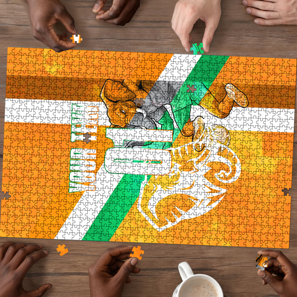 Personalized Ivory Coast Football Puzzle Elephant Mascot Flag - Comic Style Graphic