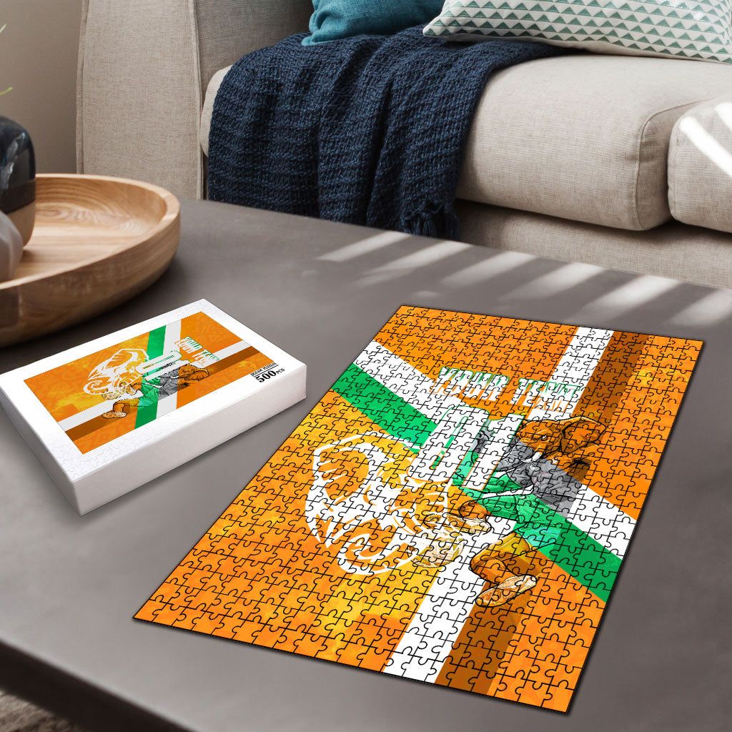 Personalized Ivory Coast Football Puzzle Elephant Mascot Flag - Comic Style Graphic