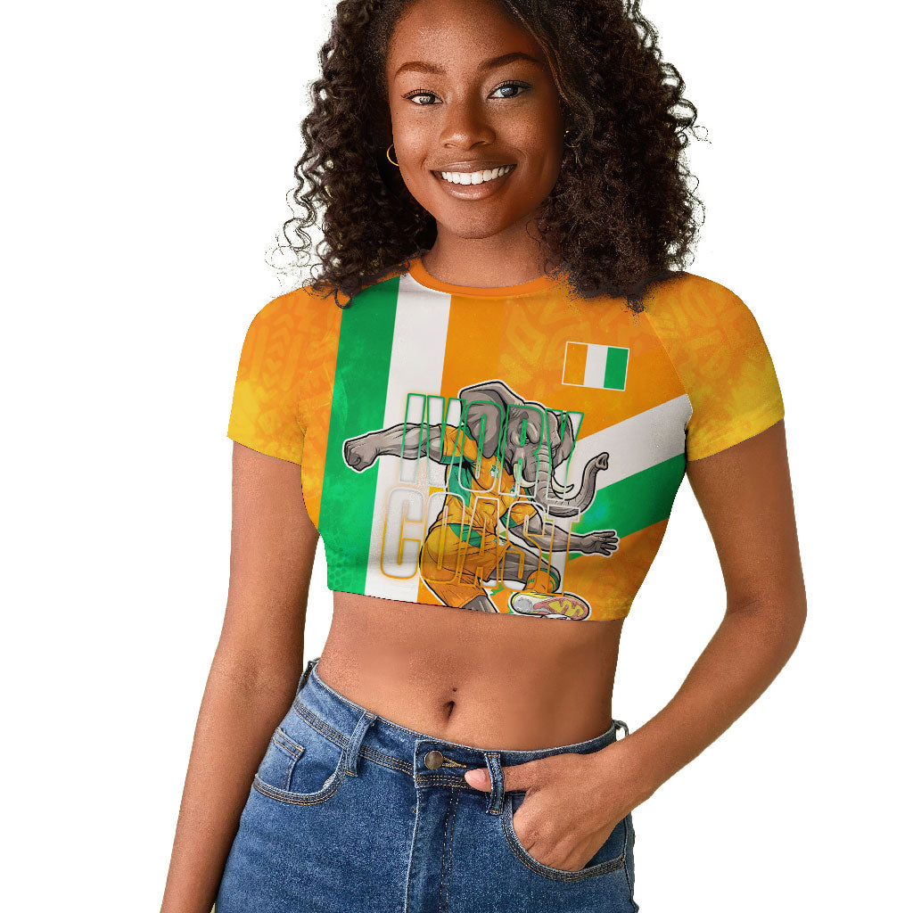 Personalized Ivory Coast Football Raglan Cropped T shirt Elephant Mascot Flag - Comic Style Graphic
