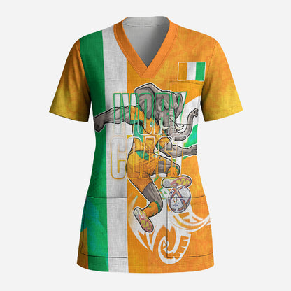 Personalized Ivory Coast Football Scrub Top Elephant Mascot Flag - Comic Style Graphic