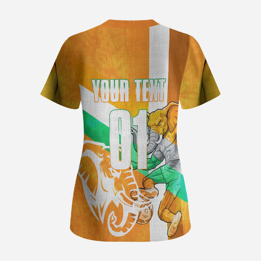 Personalized Ivory Coast Football Scrub Top Elephant Mascot Flag - Comic Style Graphic