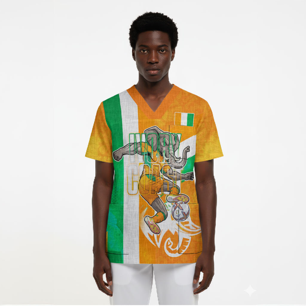 Personalized Ivory Coast Football Scrub Top Elephant Mascot Flag - Comic Style Graphic