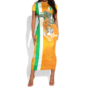 Personalized Ivory Coast Football Short Sleeve Bodycon Dress Elephant Mascot Flag - Comic Style Graphic