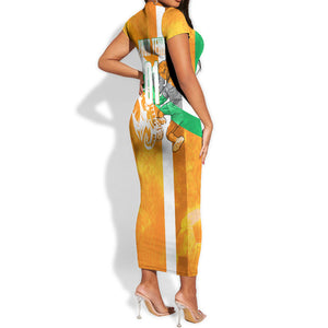 Personalized Ivory Coast Football Short Sleeve Bodycon Dress Elephant Mascot Flag - Comic Style Graphic