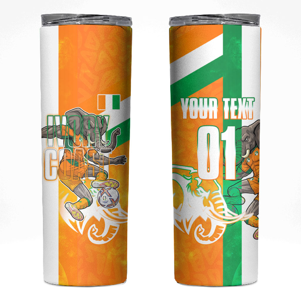 Personalized Ivory Coast Football Skinny Tumbler Elephant Mascot Flag - Comic Style Graphic