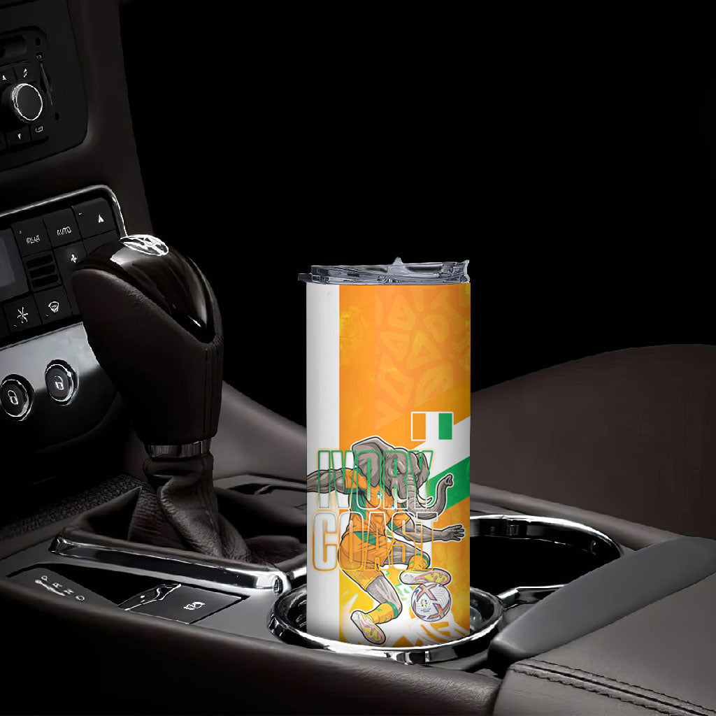Personalized Ivory Coast Football Skinny Tumbler Elephant Mascot Flag - Comic Style Graphic