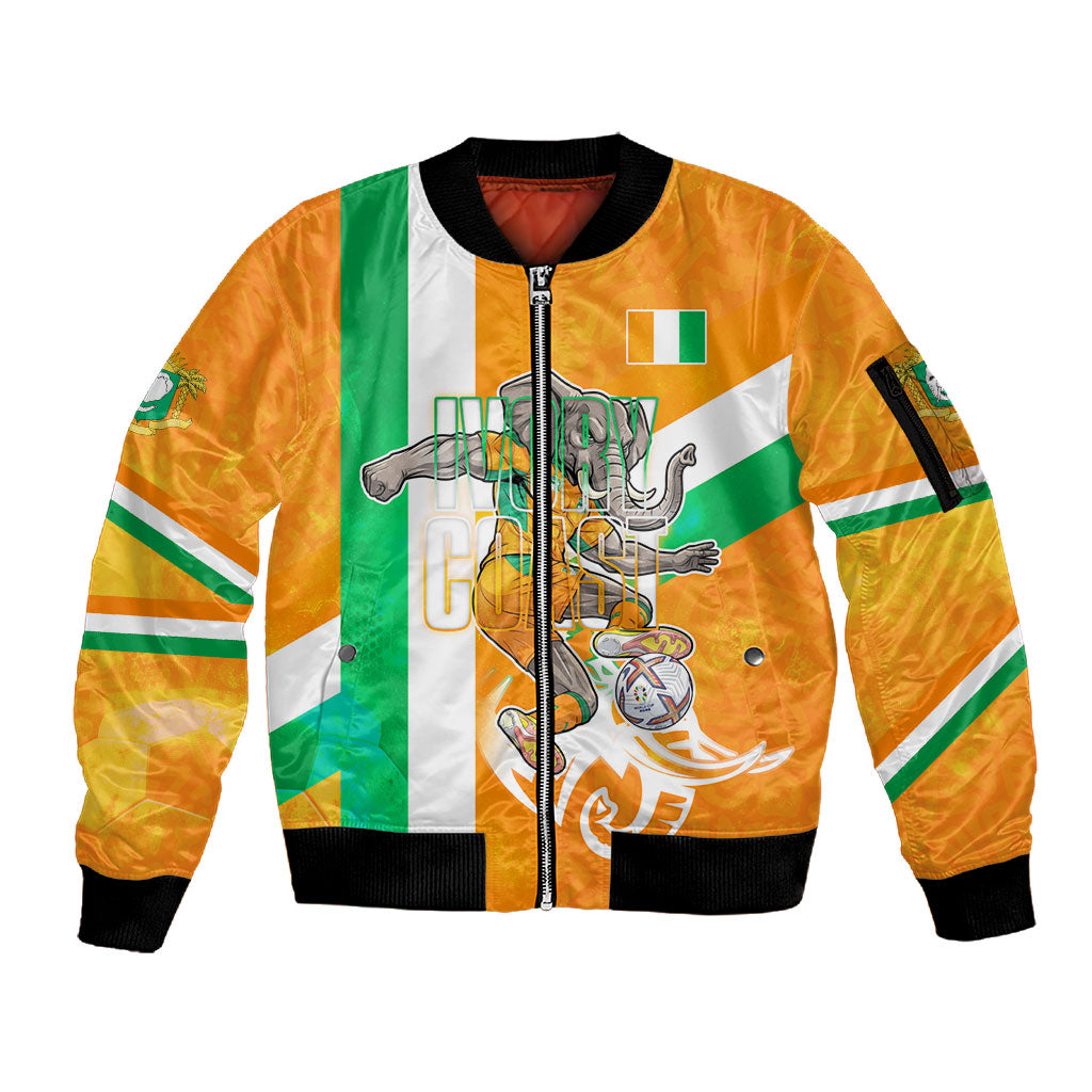 Personalized Ivory Coast Football Sleeve Zip Bomber Jacket Elephant Mascot Flag - Comic Style Graphic