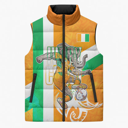 Personalized Ivory Coast Football Sleeveless Puffer Jacket Elephant Mascot Flag - Comic Style Graphic