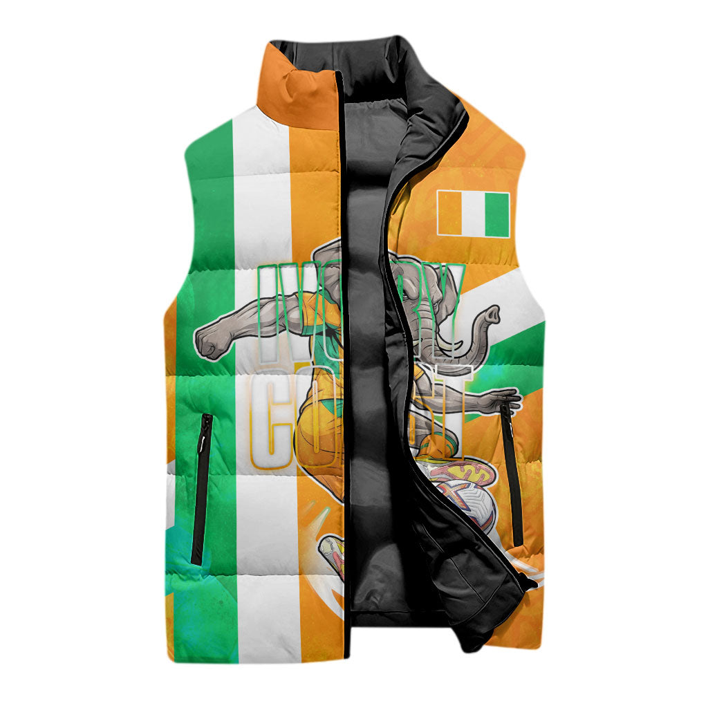 Personalized Ivory Coast Football Sleeveless Puffer Jacket Elephant Mascot Flag - Comic Style Graphic
