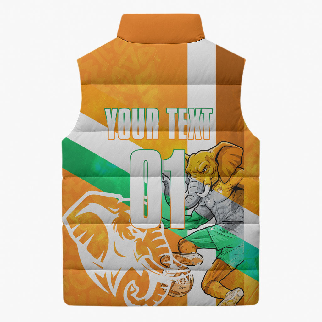 Personalized Ivory Coast Football Sleeveless Puffer Jacket Elephant Mascot Flag - Comic Style Graphic