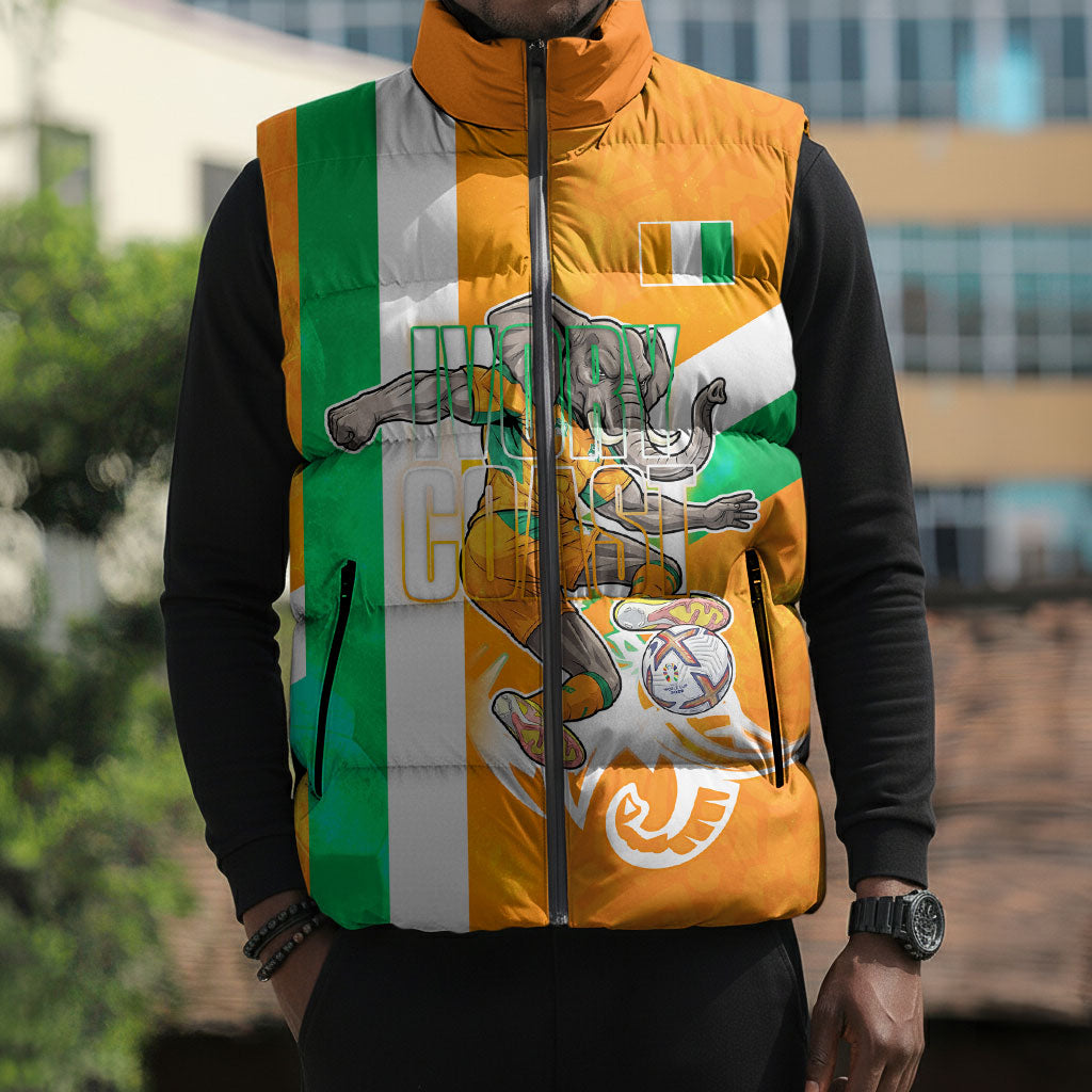 Personalized Ivory Coast Football Sleeveless Puffer Jacket Elephant Mascot Flag - Comic Style Graphic