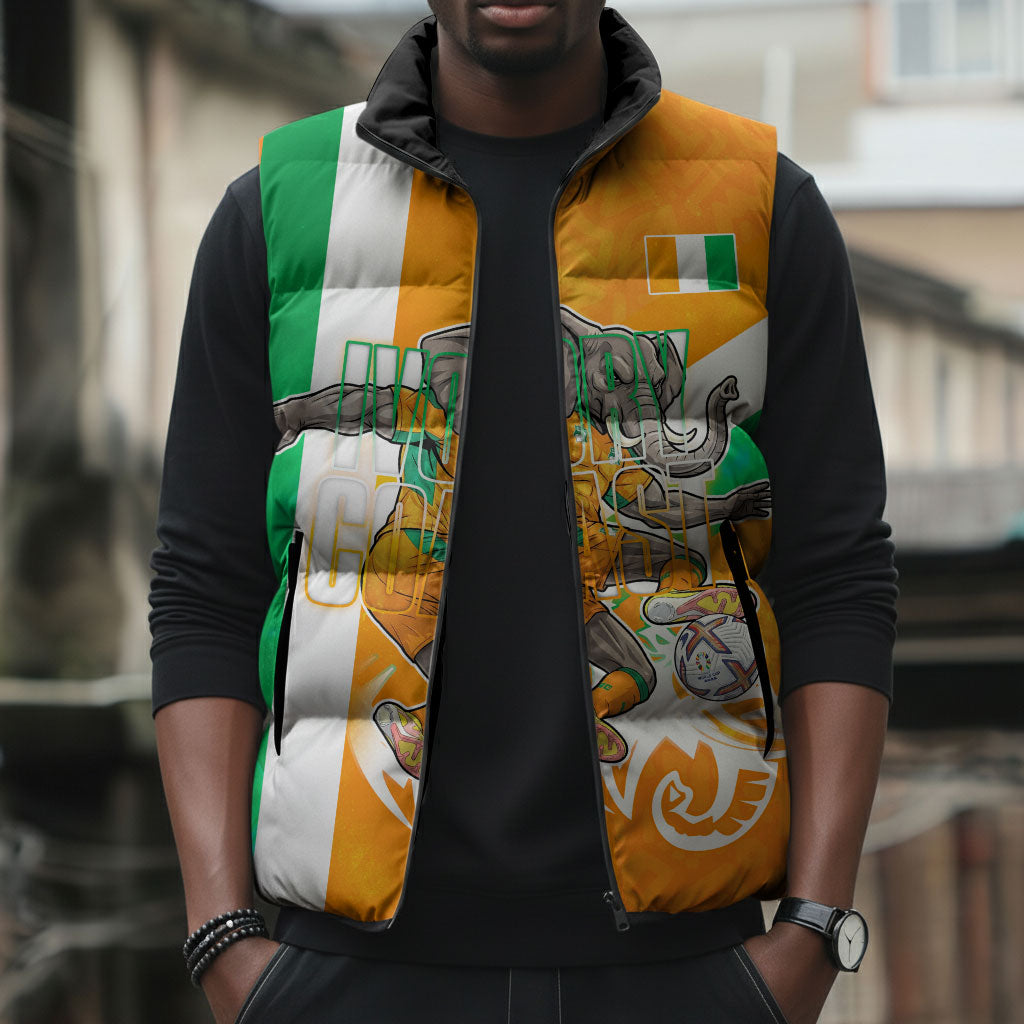 Personalized Ivory Coast Football Sleeveless Puffer Jacket Elephant Mascot Flag - Comic Style Graphic