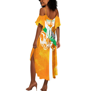 Personalized Ivory Coast Football Summer Maxi Dress Elephant Mascot Flag - Comic Style Graphic