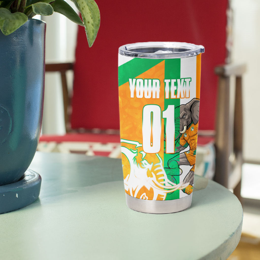 Personalized Ivory Coast Football Tumbler Cup Elephant Mascot Flag - Comic Style Graphic