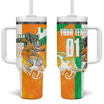 Personalized Ivory Coast Football Tumbler With Handle Elephant Mascot Flag - Comic Style Graphic