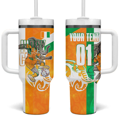 Personalized Ivory Coast Football Tumbler With Handle Elephant Mascot Flag - Comic Style Graphic