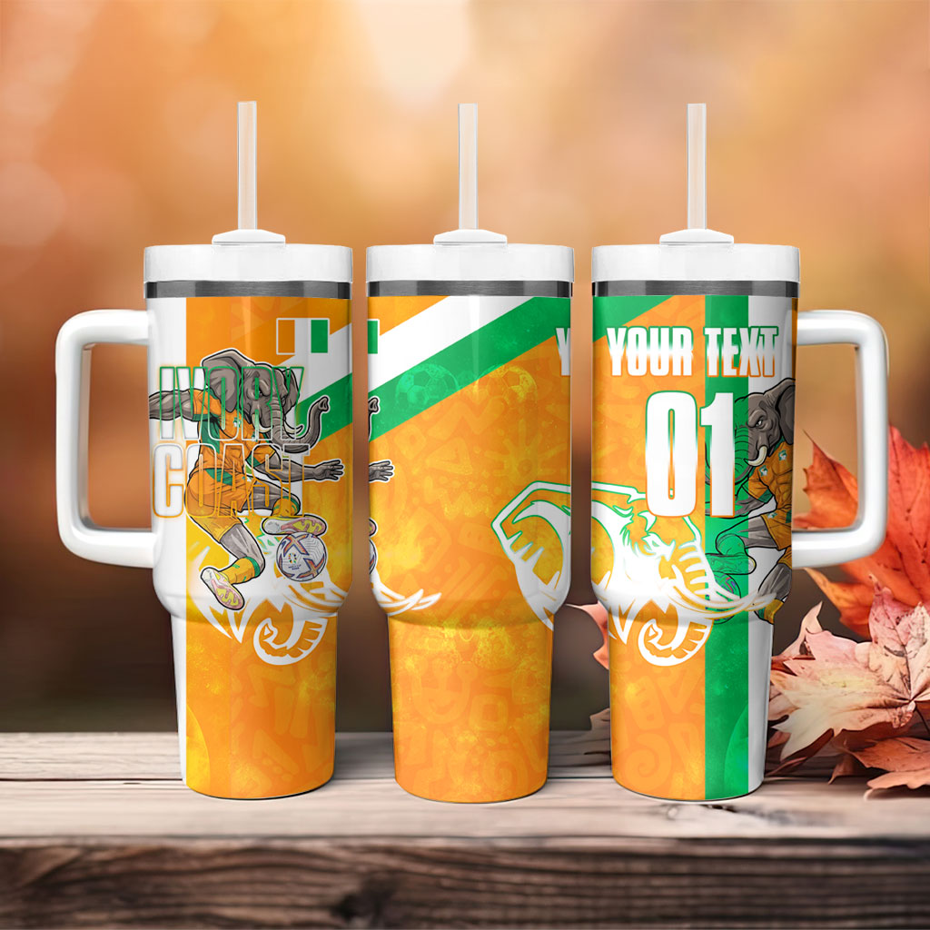 Personalized Ivory Coast Football Tumbler With Handle Elephant Mascot Flag - Comic Style Graphic