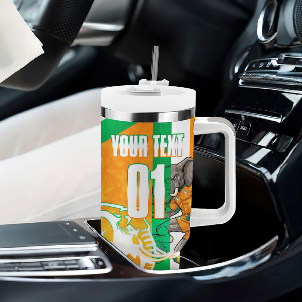 Personalized Ivory Coast Football Tumbler With Handle Elephant Mascot Flag - Comic Style Graphic
